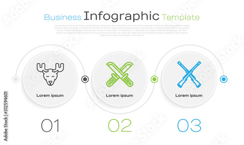 Set line Moose head with horns, Crossed hunter knife and Two crossed shotguns. Business infographic template. Vector