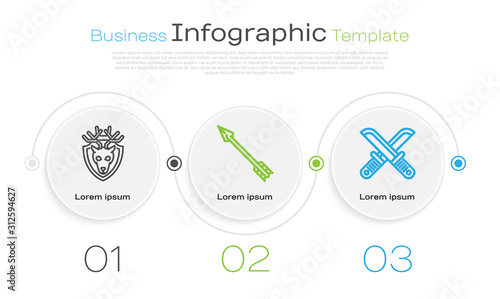 Set line Deer head with antlers on shield, Hipster arrow and Crossed hunter knife. Business infographic template. Vector