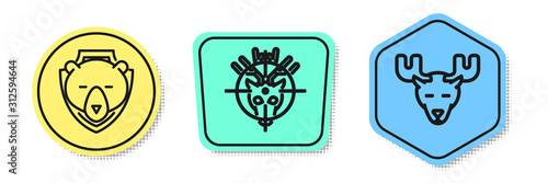 Set line Bear head on shield, Hunt on deer with crosshairs and Moose head with horns. Colored shapes. Vector