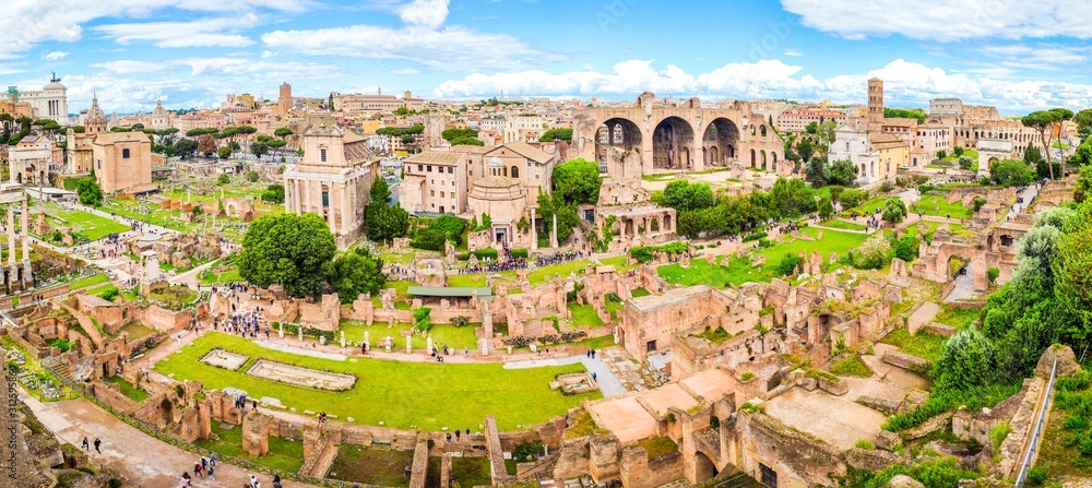 Roman Forum, Latin Forum Romanum, most important cenre in ancient Rome, Italy. Aerial panoramic view from Palatine Hill