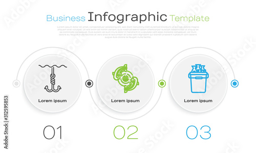 Set line Fishing hook under water, Fish and Fishing bucket with fishes. Business infographic template. Vector