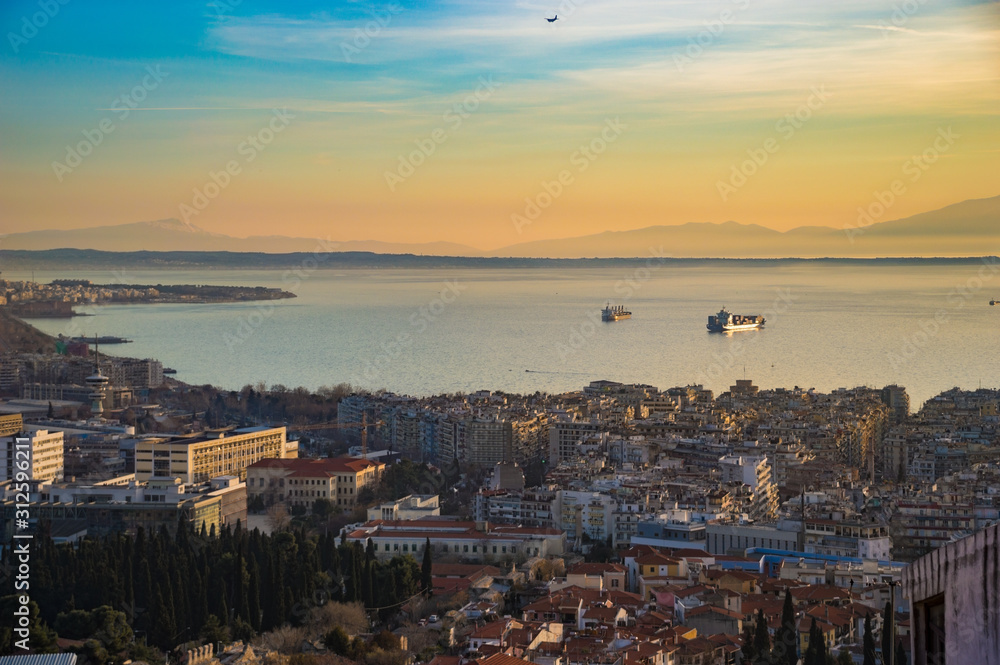 view of city at sunset Thessaloniki Greece