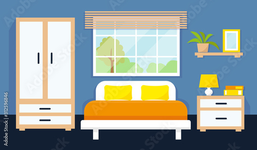 Bedroom interior with furniture and window.