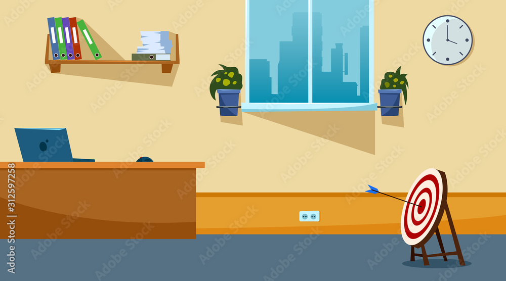 Empty office space interior with furniture, laptop, target with an arrow. Flat style. Vector illustration Empty office space interior with furniture, laptop, target with an arrow. Flat style. Vector illustration