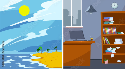 Comparing office space and Tropical Beach with dark Office Part and Sunny Tropical Island. Flat style. Vector illustration