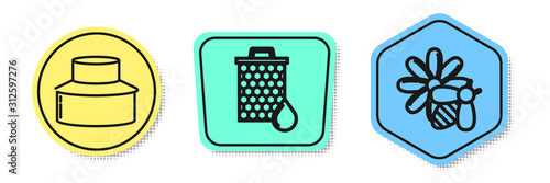 Set line Beekeeper with protect hat, Honeycomb and Bee and flower. Colored shapes. Vector