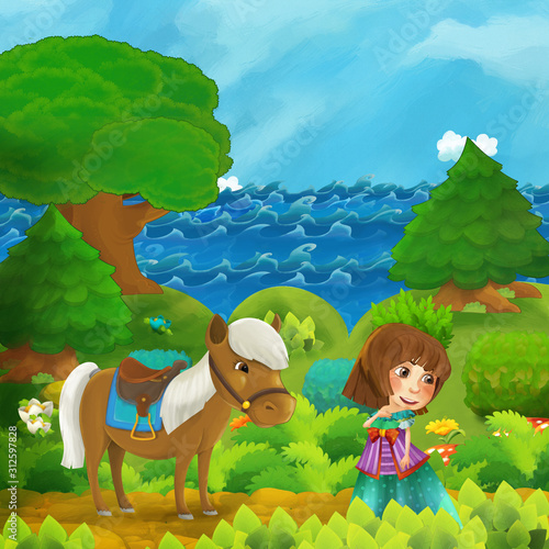 cartoon forest scene with princess with his horse standing on the path near the shore of ocean or sea - illustration for children