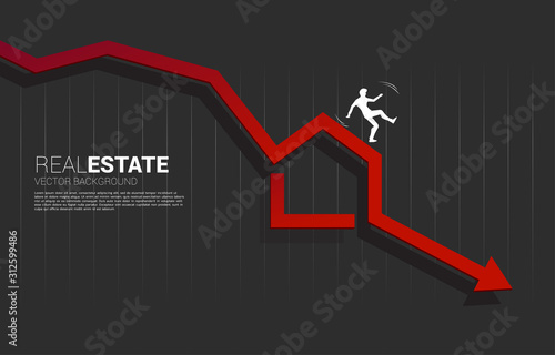 silhouette of businessman falling from home icon in falling down arrow. Concept of decline in real estate business and properties price