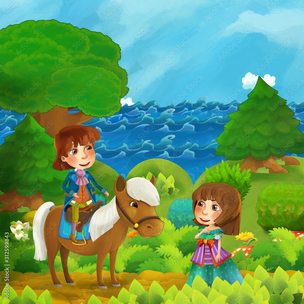 Fototapeta premium cartoon forest scene with princess and price with his horse standing on the path near the shore of ocean or sea - illustration for children