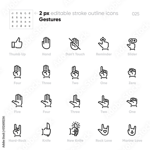Hand Gesture outline vector icons. Touch, Reminder, Slider, Four, Three, Two, One Fingers