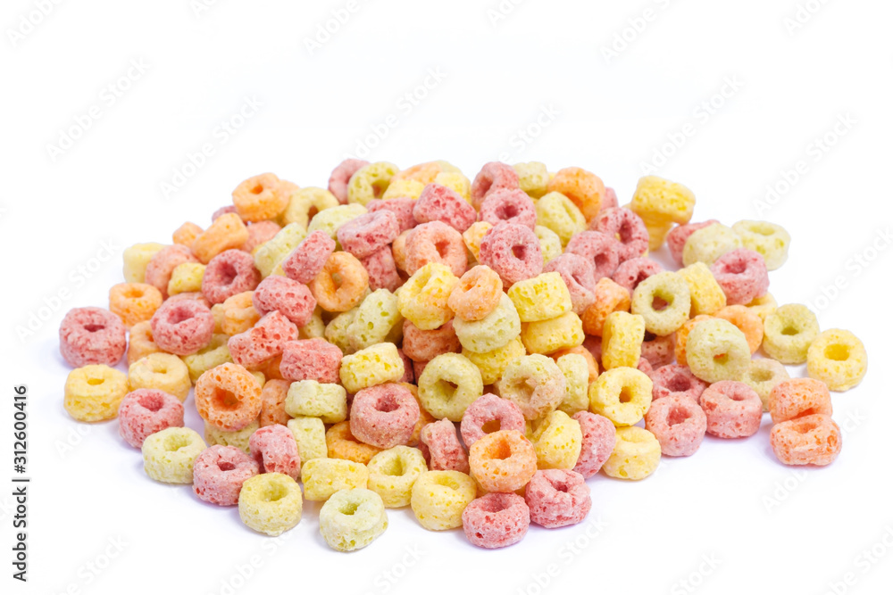 Close-up of cereal flakes on isolated white background Close-up of cereal flakes on isolated white background