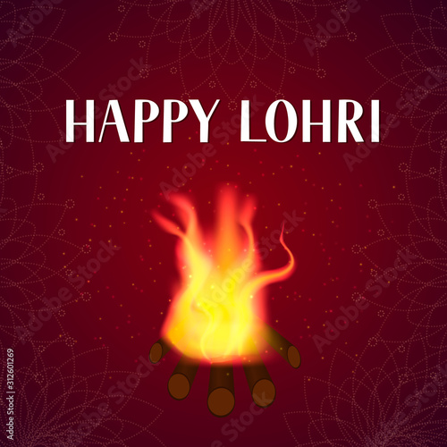 Happy Lohri lettering with fire on dark background. Indian Traditional Indian festival of winter solstice. Hindu celebration poster. Vector template for greeting card, party invitation, banner, flyer.