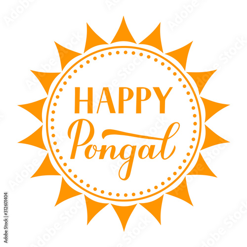 Happy Pongal calligraphy hand lettering isolated on white. South Indian holiday typography poster. Hindu harvest festival. Easy to edit vector template for greeting card, banner, sticker, etc.