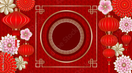chinese new year background with flowers, red lanterns and gold round frame