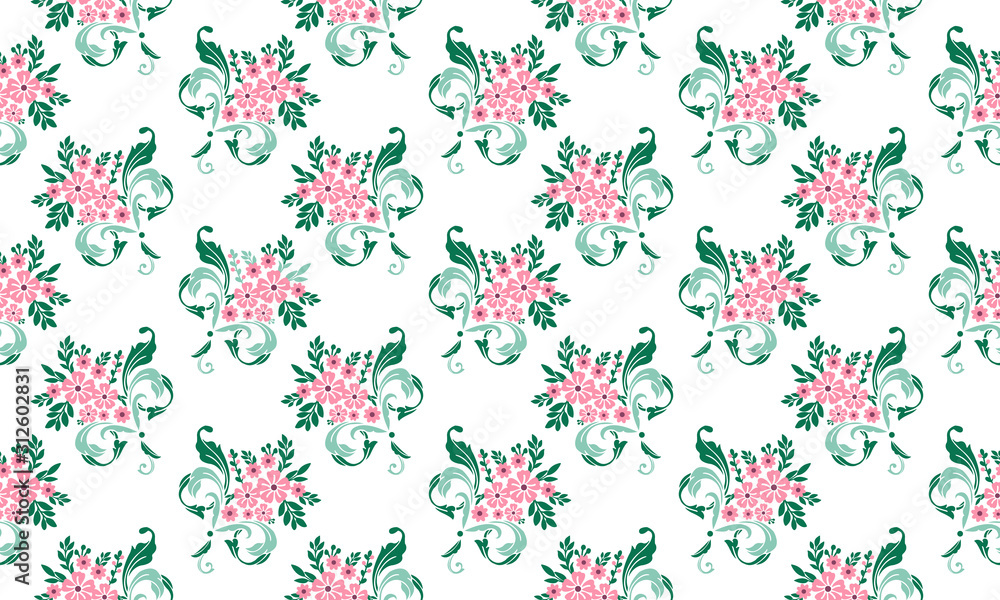 Seamless valentine flower pattern background, with leaf and beautiful flower drawing.
