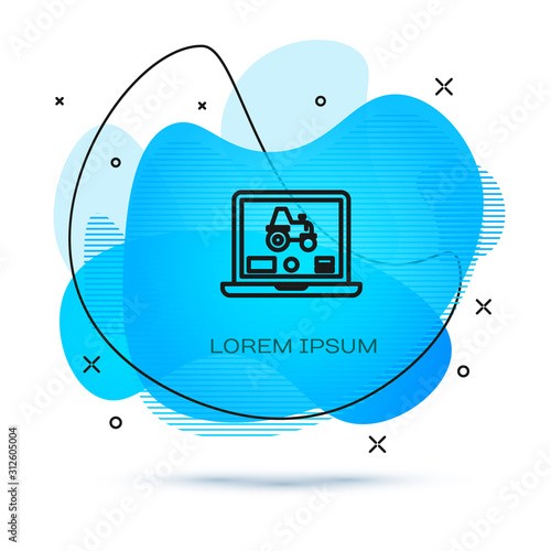 Line Laptop application for control a autonomous tractor on a smart farm icon isolated on white background. Smart agriculture implement. Abstract banner with liquid shapes. Vector Illustration