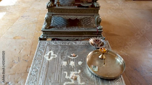 The items for offering prayer in Shri Parsva Nath ji mandir at Jaisalmer Sonargarh fort, Rajasthan, India.Tilt up photo