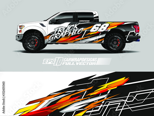 Pickup truck wrap design vector. Graphic abstract stripe racing background kit designs for wrap vehicle, race car, rally, adventure and livery. Full vector eps 10