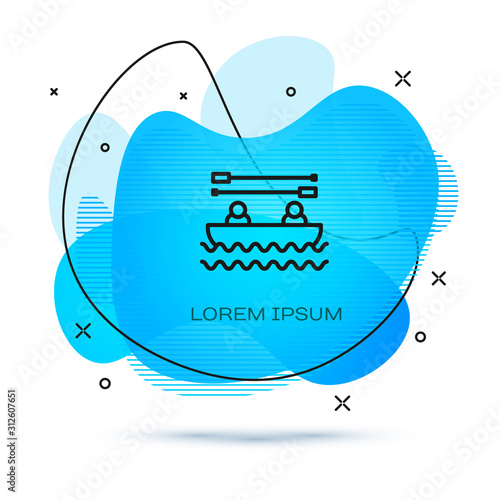 Line Boat with oars and people icon isolated on white background. Water sports, extreme sports, holiday, vacation, team building. Abstract banner with liquid shapes. Vector Illustration