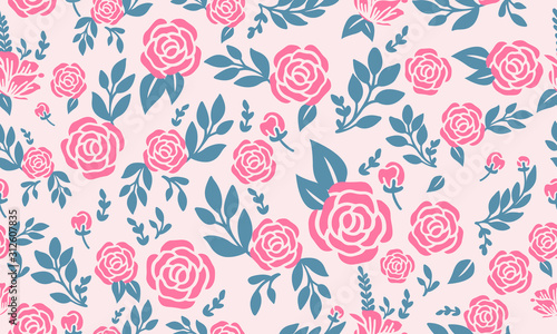 Seamless valentine floral pattern background, with leaf and pink rose floral.