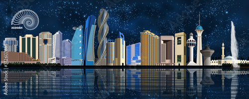 Jeddah city skyline depicting famous landmarks and its reflection on the Red Sea