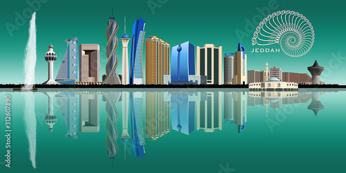 Jeddah city skyline depicting famous landmarks and its reflection on the Red Sea