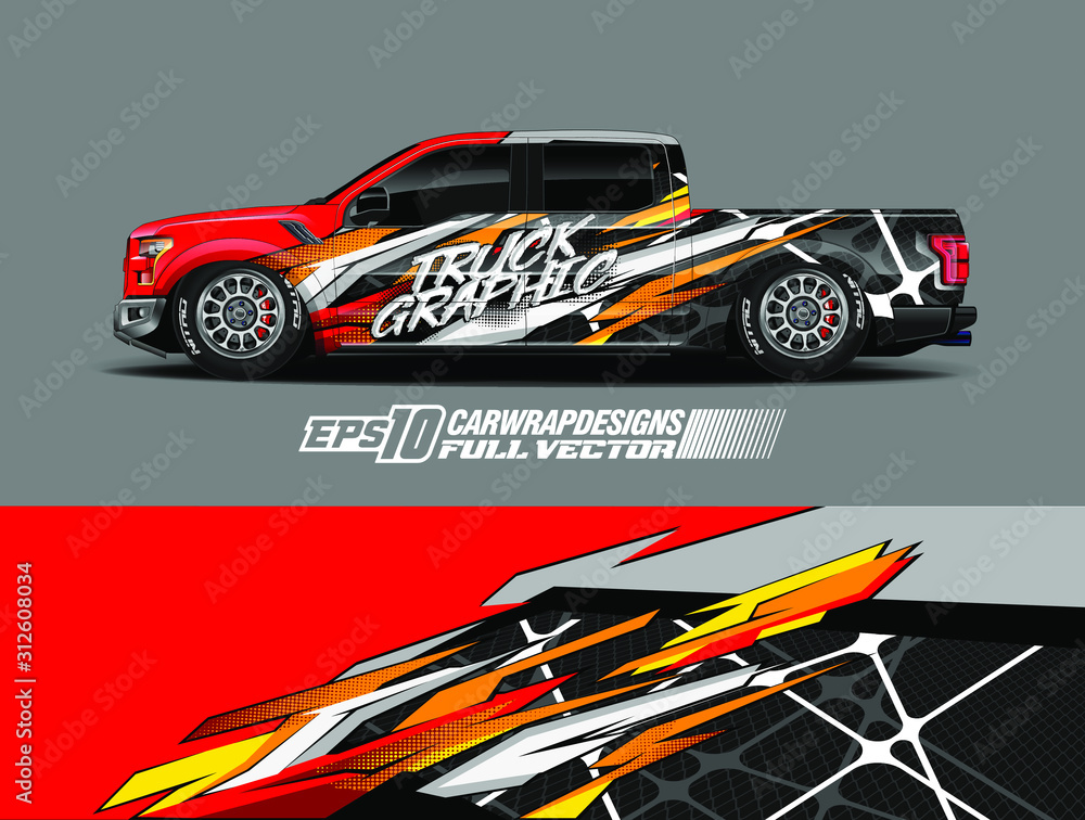 Pickup truck wrap design vector. Graphic abstract stripe racing background kit designs for wrap vehicle, race car, rally, adventure and livery. Full vector eps 10 Pickup truck wrap design vector. Graphic abstract stripe racing background kit designs for wrap vehicle, race car, rally, adventure and livery. Full vector eps 10