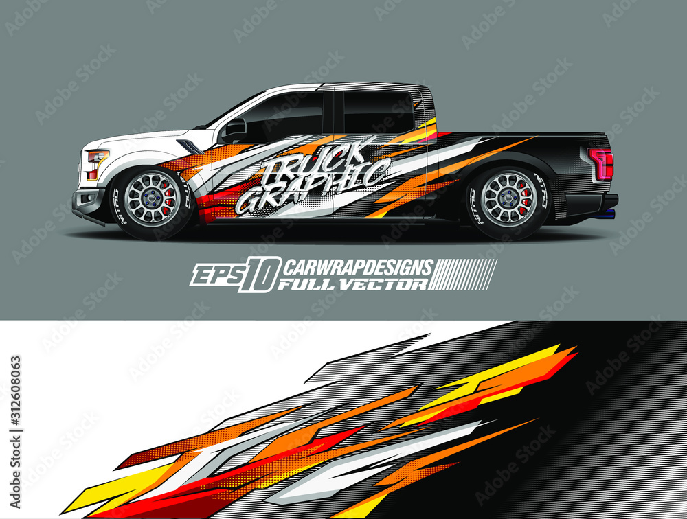 Pickup truck wrap design vector. Graphic abstract stripe racing background kit designs for wrap vehicle, race car, rally, adventure and livery. Full vector eps 10 Pickup truck wrap design vector. Graphic abstract stripe racing background kit designs for wrap vehicle, race car, rally, adventure and livery. Full vector eps 10