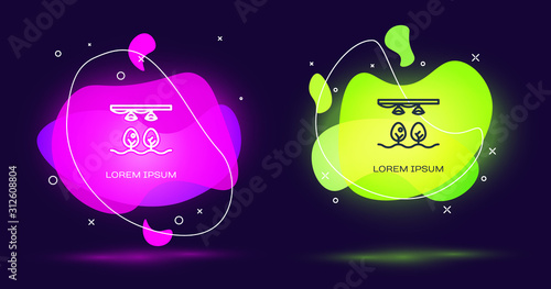 Line Smart farm with light bulb and plant symbol icon isolated on black background. Abstract banner with liquid shapes. Vector Illustration