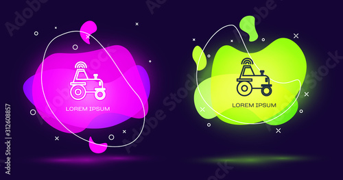 Line Self driving wireless tractor on a smart farm icon isolated on black background. Smart agriculture implement element. Abstract banner with liquid shapes. Vector Illustration