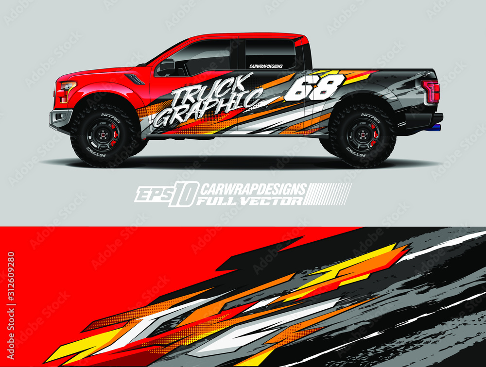 Pickup truck wrap design vector. Graphic abstract stripe racing background kit designs for wrap vehicle, race car, rally, adventure and livery. Full vector eps 10 Pickup truck wrap design vector. Graphic abstract stripe racing background kit designs for wrap vehicle, race car, rally, adventure and livery. Full vector eps 10