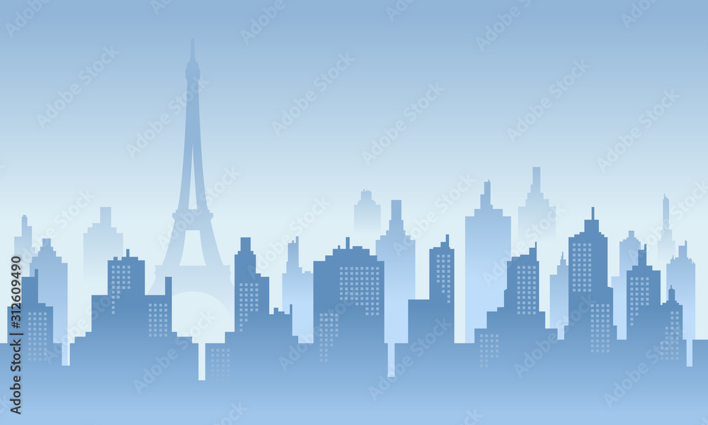 Naklejka premium Morning in the paris city building with blue colour of sky