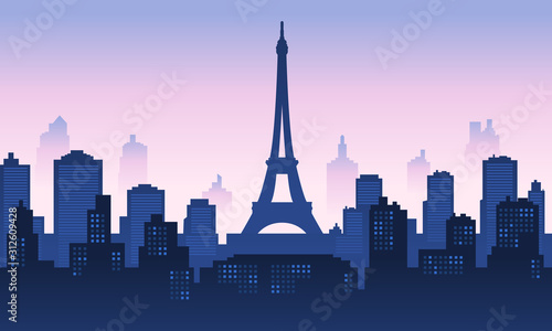 Eiffel Tower with City Building in the morning