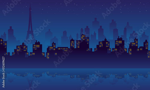 Reflection city buildings of paris in the night