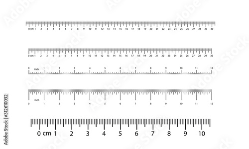 Vector set of metric rulers in flat style. Measuring scales.