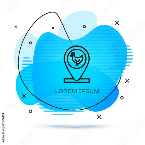 Line Chicken farm and location icon isolated on white background. Abstract banner with liquid shapes. Vector Illustration