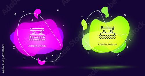 Line Boat with oars and people icon isolated on black background. Water sports, extreme sports, holiday, vacation, team building. Abstract banner with liquid shapes. Vector Illustration