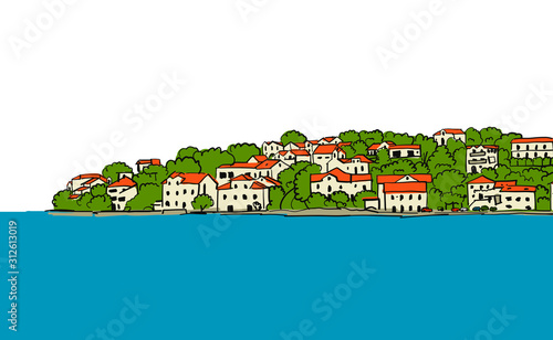 Old european city. Mediterranean sea. Sketch for your design