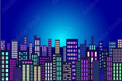 Neon city skyline vector background with buildings, city lights, apartments, blue sky, and bright vibrant colors