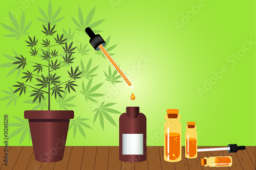 Cannabis oil and CBD vector icon background with eye dropper, oil vial, pot plant, marijuana leaves, and oil bottle