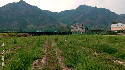 Wallpaper Mural Rolling drone shot view of the beautiful green lustful mountain with a farm base Torontodigital.ca
