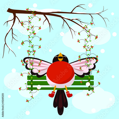 A fat bullfinch has spread its wings and is swinging on a green swing tied with branches with berries to a branch of a winter tree. Comic illustration