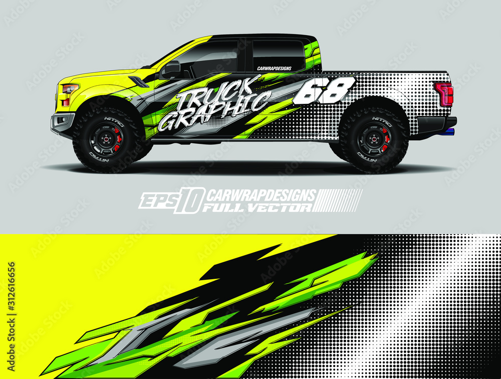 Pickup truck wrap design vector. Graphic abstract stripe racing background kit designs for wrap vehicle, race car, rally, adventure and livery. Full vector eps 10