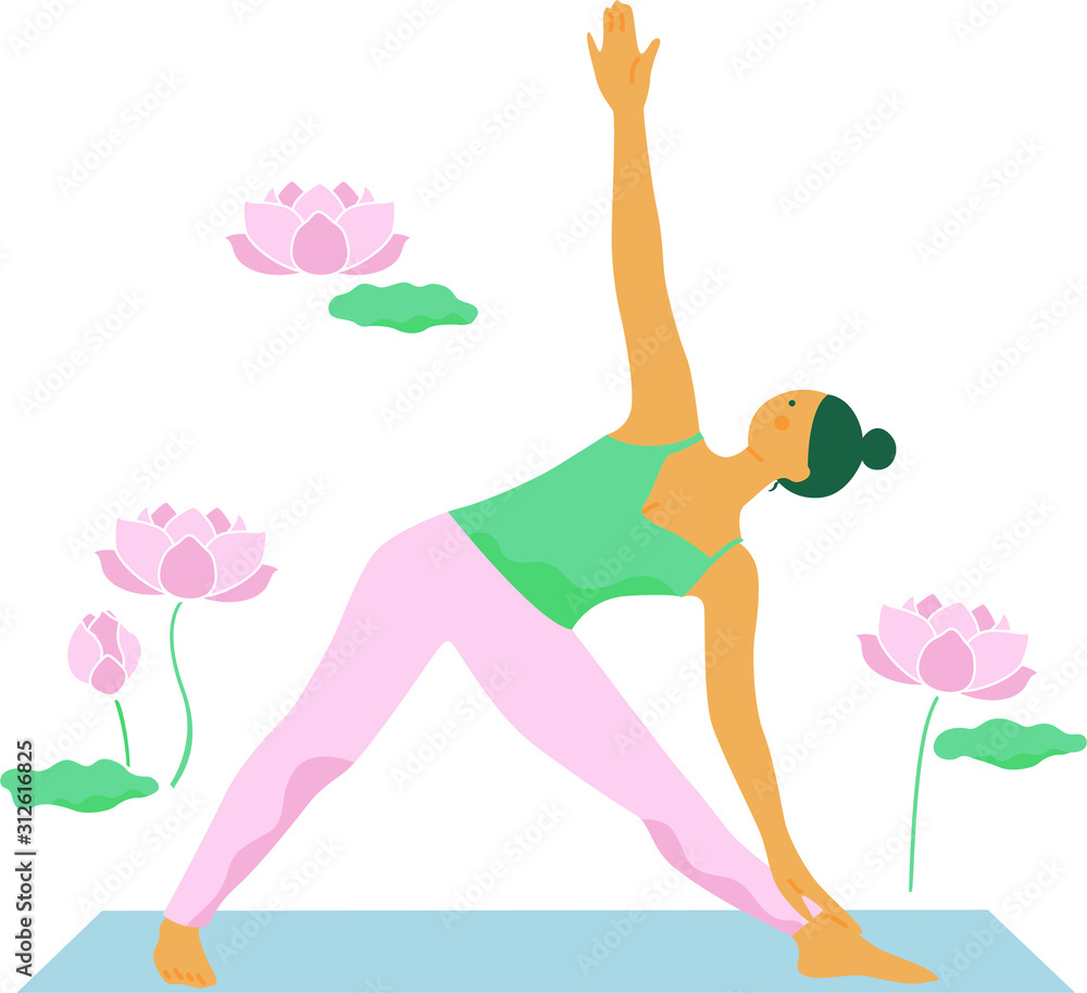 ヨガのポーズをする女性 白背景に蓮の花の背景イラスト付き 編集可能なベクターイラスト Stock Vector Adobe Stock