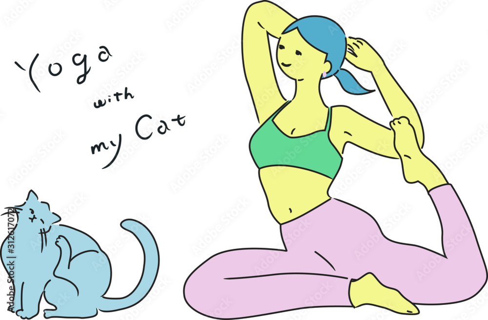 Vecteur Stock 猫と一緒にヨガのポーズをする女性のイラスト 編集可能なベクターイラスト Adobe Stock