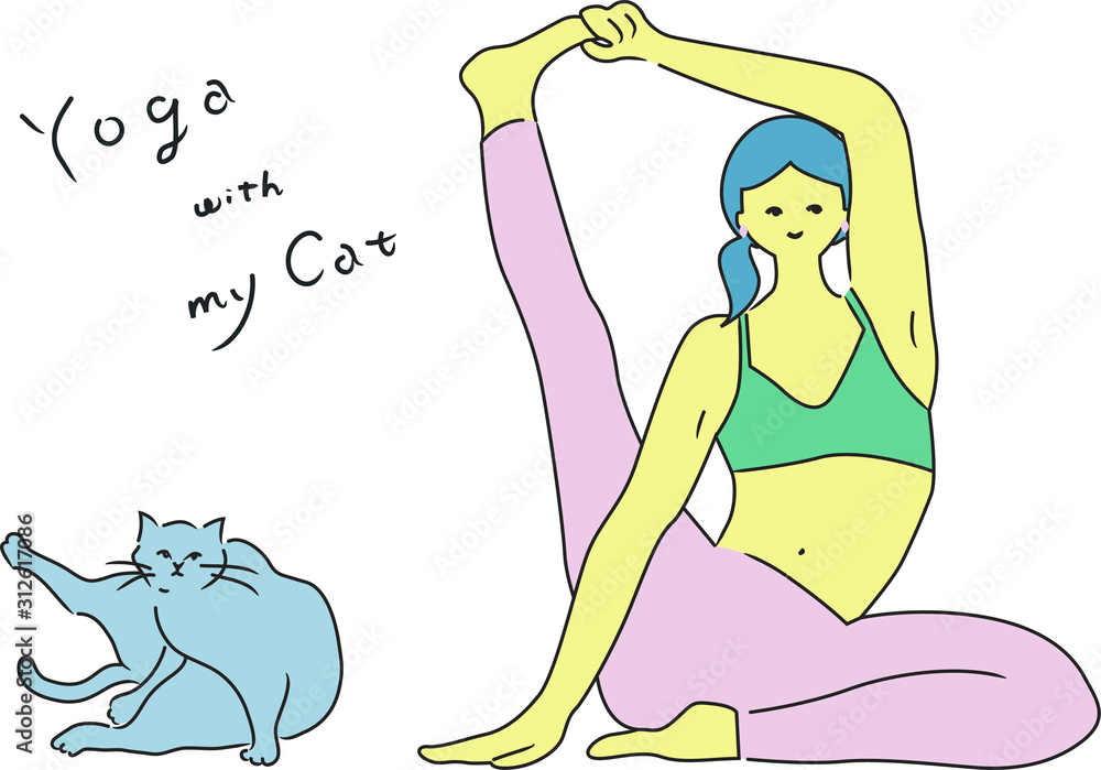 猫と一緒にヨガのポーズをする女性のイラスト 編集可能なベクターイラスト Stock Vector Adobe Stock