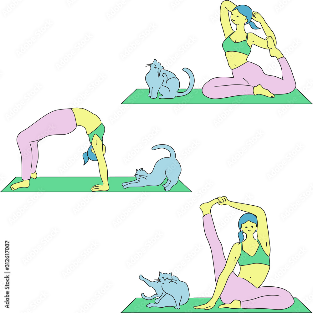 猫と一緒にヨガのポーズをする女性のイラストのセット 編集可能なベクターイラスト Stock Vektorgrafik Adobe Stock