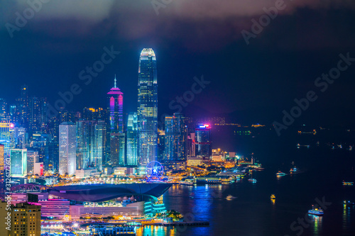 Victoria harbor view from Victoria peak viewpoint with twilight sky