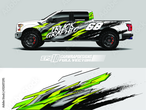 Pickup truck wrap design vector. Graphic abstract stripe racing background kit designs for wrap vehicle, race car, rally, adventure and livery. Full vector eps 10