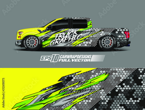 Pickup truck wrap design vector. Graphic abstract stripe racing background kit designs for wrap vehicle, race car, rally, adventure and livery. Full vector eps 10